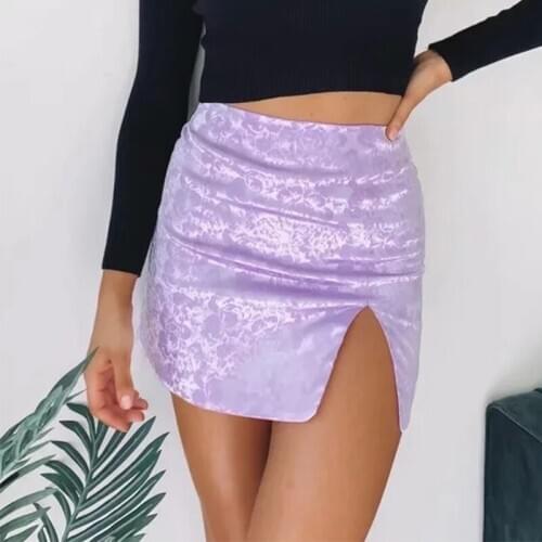 Foridol High Waist Flower Print Satin Slit Skirts Womens Bodycon Silk Purple Mini Sexy Skirt 2021 Ladies Zipper Skirt Bottoms