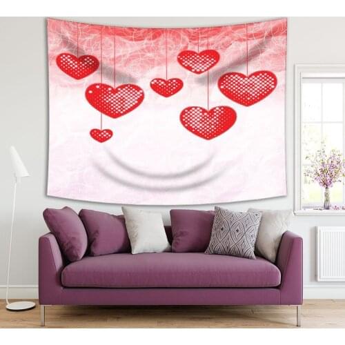 Tapestry Hanging Loving Hearts on Floral Background Geometric Decorative Stylized Artwork Red White
