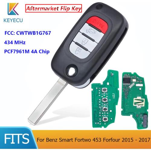Keyecu Flip Remote Car Key 4 Buttons 434MHz PCF7961M 4A Chip for Benz Smart Fortwo 453 Forfour 2015 2016 2017 FCC ID: CWTWB1G767