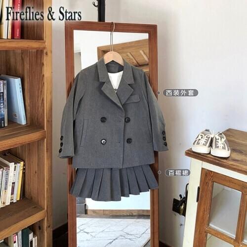 Spring Autumn girls 2 pcs set baby long coat + pleated skirt kids suit children brand clothes England preppy style 3 to 8 yrs