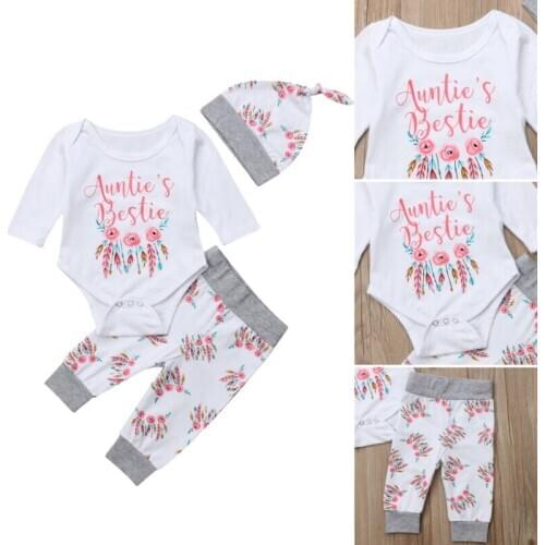 3Pcs Newborn Kids Babys Girls Letter Romper Tops+Floral Pants+Hats Jumpsuit Outfit Clothes Toddler Cotton Set