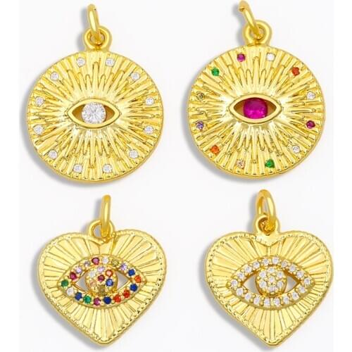 OCESRIO DIY Rainbow Small Evil Eye Coin Pendant For Women Heart Evil Eye Pendant CZ Jewelry Components Necklace Pendant pdta042