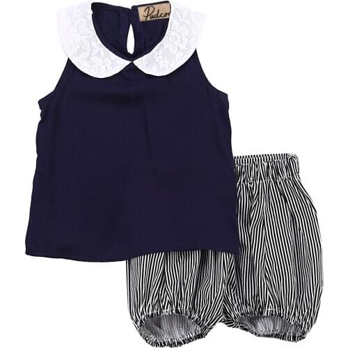Summer Girl Clth Set Newborn Infant toddler Kids Baby Girls Summer Beach Outfits Clothes T-shirt Tops+Striped Pants Set 0-24M