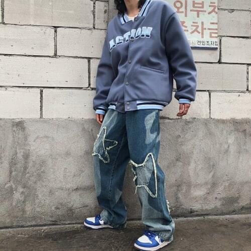 Mens trendy jeans with five pointed star with ruffian and smart cloth