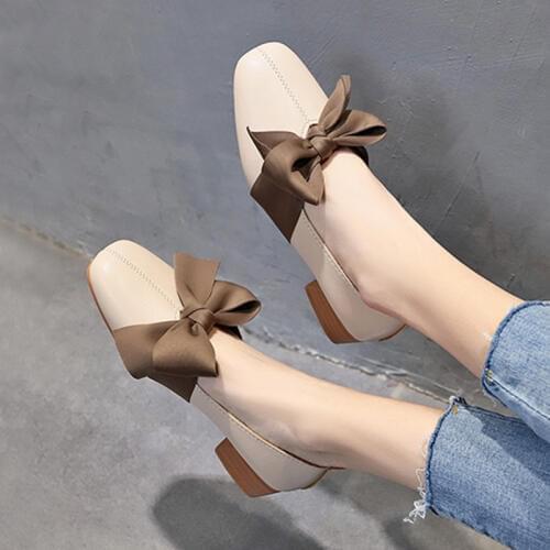 Retro Beige Women Mules Shoes 2019 Spring Newest Square Heels Female Low Top Pumps Bow Retro Womens Shoes