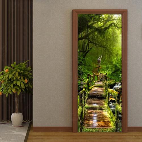 Chinese Style Classic Primary Forest Mural Wallpaper Hotel Living Room DIY Doors Renovation Sticker PVC Vinyl Door Wallpaper 3 D