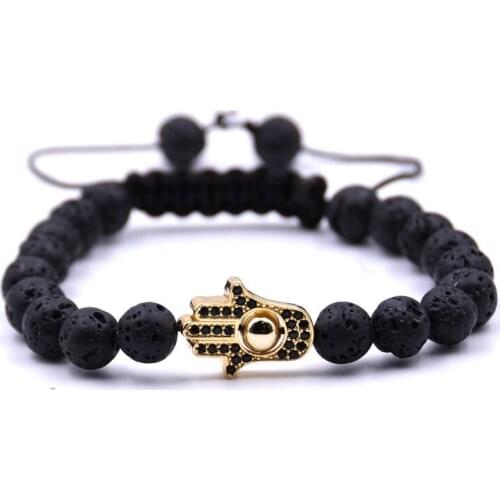 2021 New Fashion CZ Palm Black 8MM Natural Lava Stone Bead Bracelet 5 Colors Men Hand Woven Rope Chain Bracelet For Men