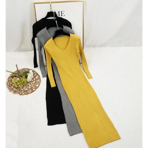New Autumn Winter Women Bottoming Sweater Dress Sexy V-Neck Knitted Dress Female Long Sleeve Bodycon Long Dresses Vestidos A1770