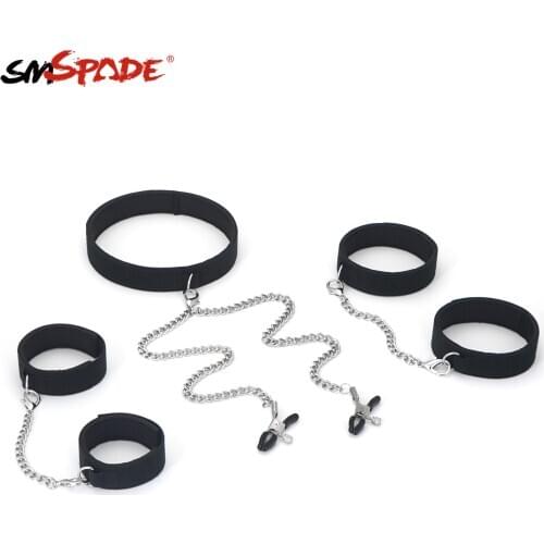 BDSM Bondage Restraint Fetish Slave Collar with Nipple Clamps, Wrist and Ankle Cuffs Kit Adult Erotic Sex Toys Games Products