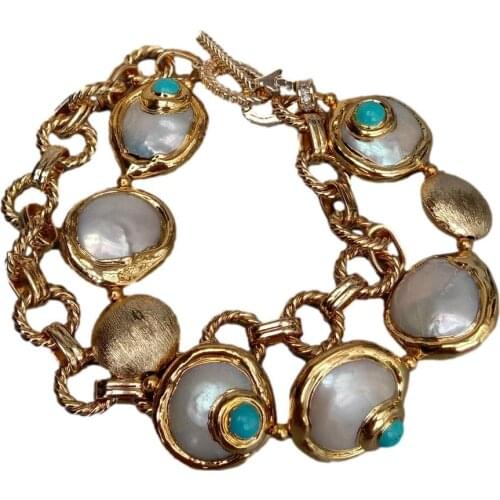 YYGEM Natural White Coin Pearl Electroplated Cubic Zirconia Pave Beads Gold Plated Chain Necklace/bracelet