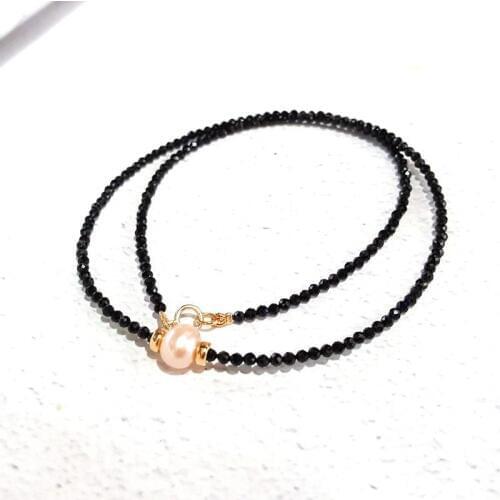 Necklace Black Spinel 2mm Faceted Beads 9-10MM Pink Pearl 925 Sterling silver clasp