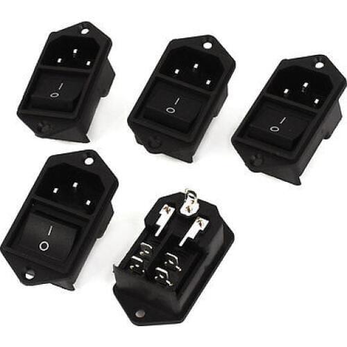 AC 250V/6A 125V/10A 4Pin On-Off Rocker Switch IEC320 C14 Inlet Power Socket 5PCS