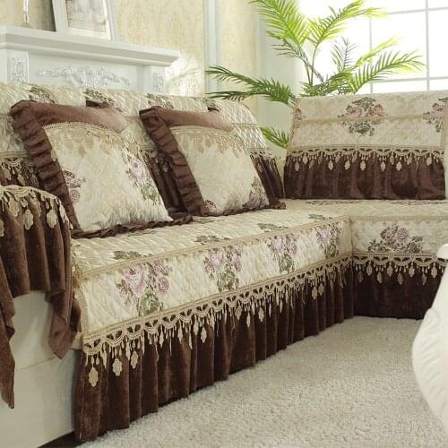 European Luxury Cotton Linen Sofa Cover Brown Embroidered Jacquard Sofa Towel Cushion Mat Slipcover Exquisite Lace Sofa Set D3