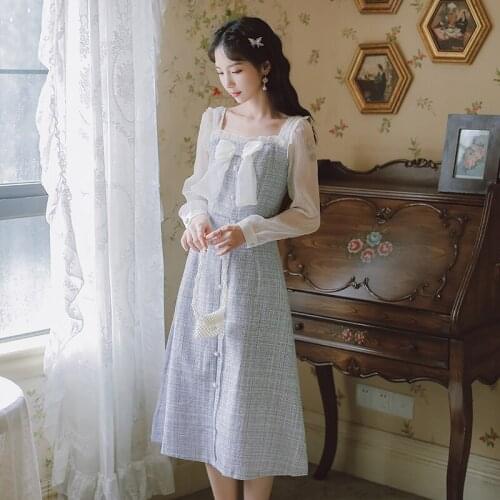 Tweed Plaid Sweet Dress Roupas Femininas Autumn Blue Ruffled Square Neck Elegant Net Yarn Bow Kawaii Girl Gentle Maxi Dress Lady