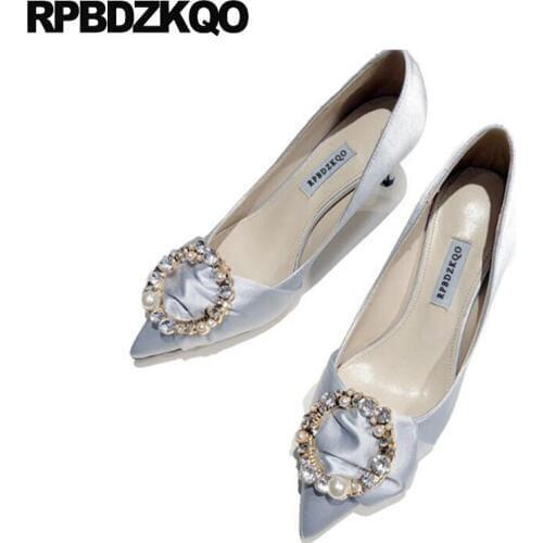 Party High Heels Rhinestone Metal Pearl Size 4 34 2018 Crystal Pumps Pointed Toe Bridal Scarpin Light Blue Women Shoes Satin Red