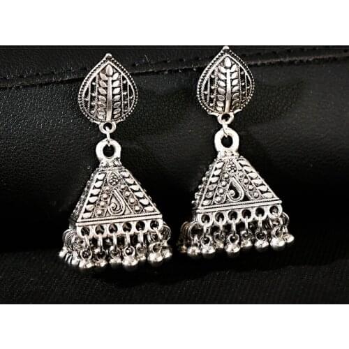 Vintage Pendientes Silver Color Tower Shape Earrings Bohemia Ethnic Leaf Carved Tassel Ladies Earrings Jhumka