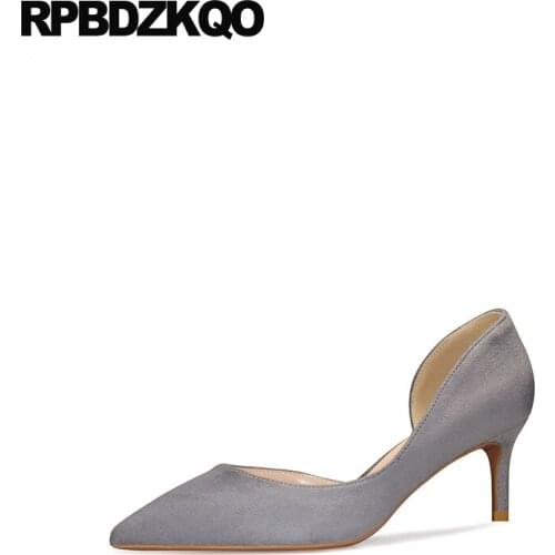Women Gray Scarpin Plus Size 33 8cm 4 34 Medium Heels 2021 Pointed Toe Slip On Shoes 10 42 Suede Pumps Thin High Luxury Stiletto