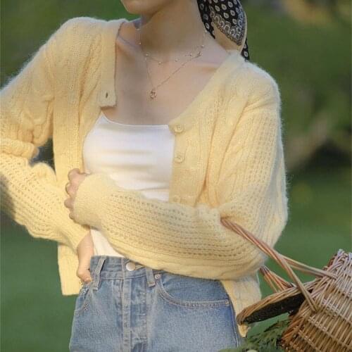 French Style Pastoral Soft Waxy Mohair Knitted Cardigan for Womens Twist Hollow Out Spring Autumn Loose Sweater Short Tops Girl