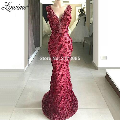 Beading Arabic Evening Dress Handmade Flowers Turkish V Neck Prom Dresses Robe De Soiree Abendkleider 2019 Dubai Party Gowns