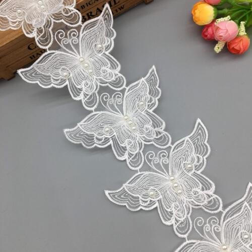 1 yd White Pearl Butterfly Embroidered Lace Trim Ribbon French Fabric Wedding Dress Sewing Supplies Craft Handmade DIY Materials