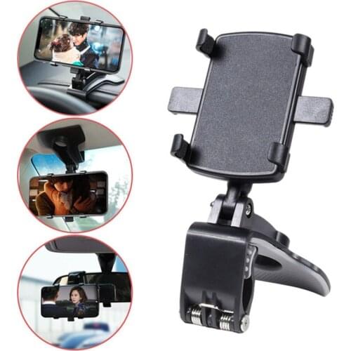 Car Phone Holder Universal Dashboard Clip 360° Rotating Adjustable Rearview Mirror Visor Clip Phone Mount for 3"-7" Smartphones