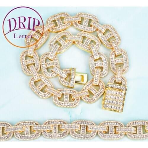 18mm Baguette Zircon Cuban Chain Bracelet & Necklace Mens Hip Hop Link Gold Color Copper Bling Fashion Rock Jewelry