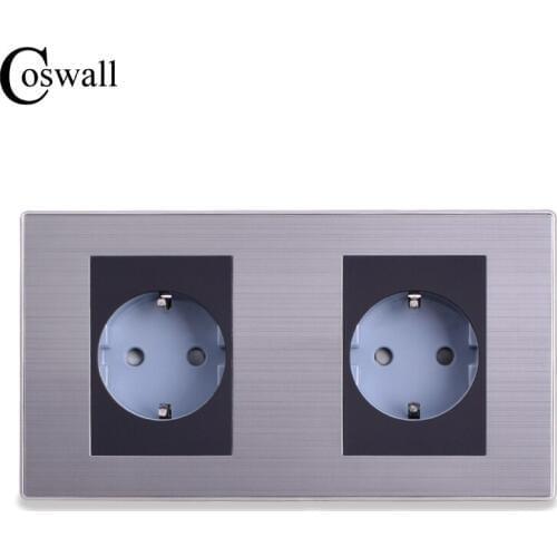 Coswall 16A EU Standard Double Outlet Luxury Wall Power Socket Enchufe Brushed Silver Panel Electrical Plug Soquete AC 110~250V