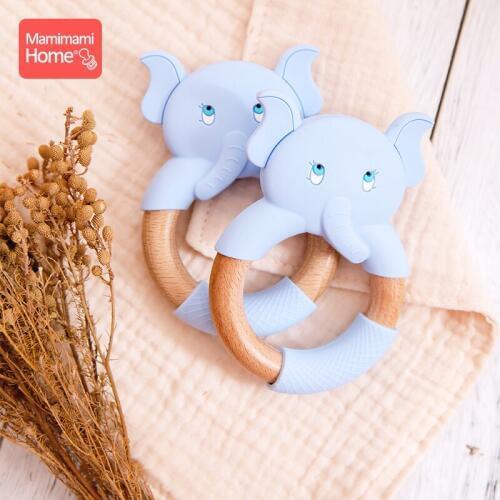 Mamihome 1pc Baby Wooden Teether Beech Elephant Ring Food Grade Perle Silicone Teething Rodent ChildrenS Goods Nursing Bracelet