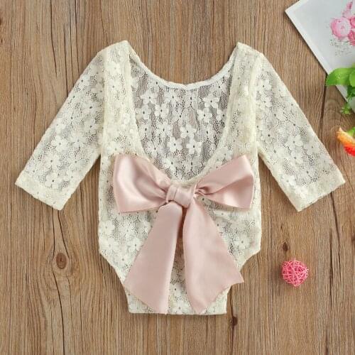 Newborn Baby Girl Jumpsuit Photography Props Backless Hollow Lace Bowknot Lace Romper