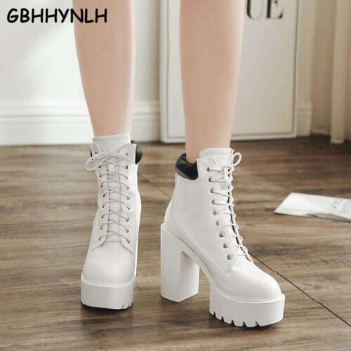 GBHHYNLH women black boots leather lace up Platform Boots Autumn High Heels winter snow Ankle Boots White Rubber boots LJA823