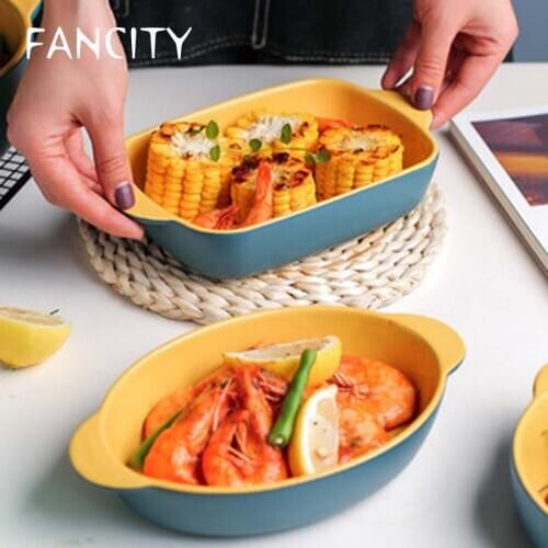 FANCITY European-style ceramic bakeware household microwave tableware binaural baking bowl cheese baked rice plate creative dish