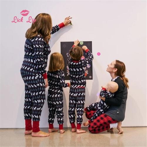Lick Lip Christmas Parent-child Suit Blue And White Reindeer Snowflake Stripe Print Nightie Long Sleeves Home Clothes SWD17582-2