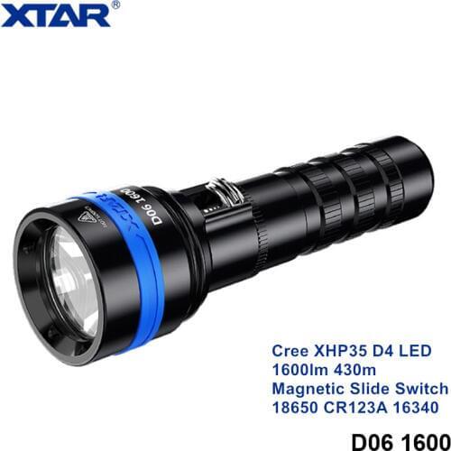 Xtar D06 Magnetic Slide Switch Underwater Photography Diving Flashlight Cree XHP35 XPL XML 18650 16340 CR123 Underwater Lantern