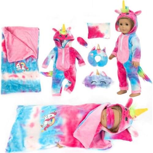 D&B Newest Cute Unicorn Doll Clothes Pajamas Sleeping Bags Pillows Eye Masks 6-Sets For 18 Inch 43cm New Baby Dolls Garment