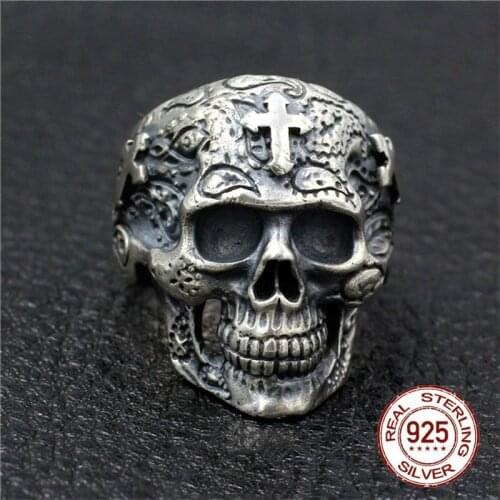 New 100% S925 Sterling silver skull ring man Thai silver mens ring handmade cross ghost head male models domineering Jewelry