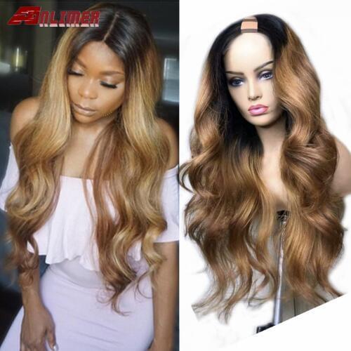 Body Wave Remy Brazilian U Part Human Hair Wigs for Black Women Ombre Blonde Middle Part U Opening Shaped Wigs Pre Plucked