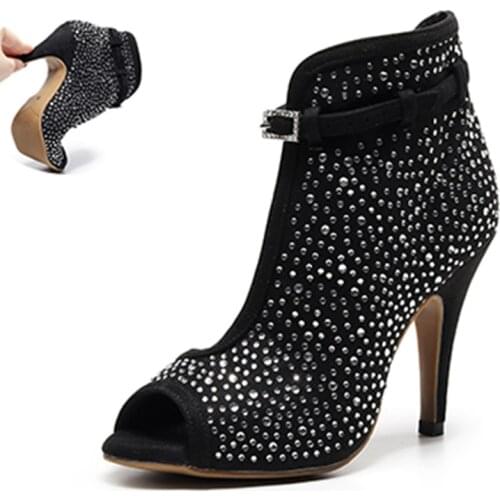 Qianjiaowu Ladies Rhinestone Latin Dance Shoes Flannel High Heel Ballroom Salsa Dance Boots For Women Hip Top Dancing Shoes