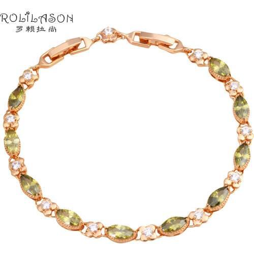 ROLILASON Luxury Gift for mother Flower design gold Tone fashion jewelry Peridot Green Zircon bracelets Nicke Lead Free TBS756