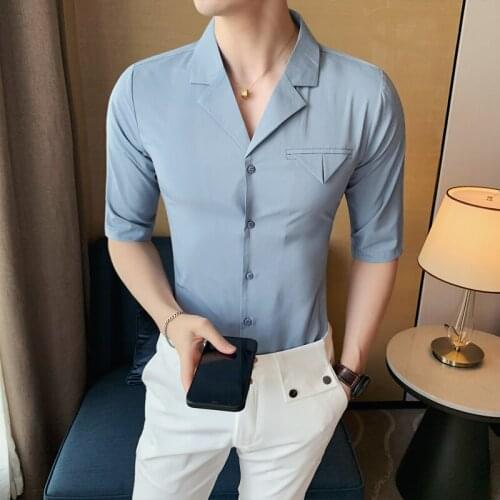 2021 Yuppie Summer Mens Solid Color Short Sleeve Shirt Business V-neck Shirts Korean Stylish Slim Fit Korean Mens Blouse