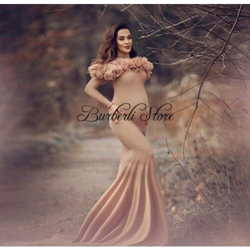 Champagne Ruffles Shoulder Mermaid Pregnant Women Dresses To Photo Shoot Elegant High Neck Long Sleeves Maternity Dress