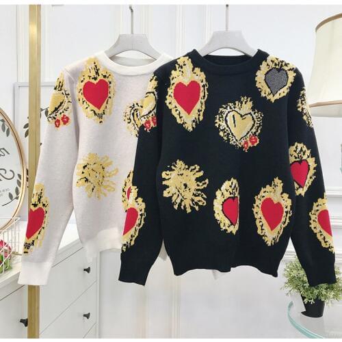 Autumn Fashion Vintage Heart Print Sweater Knitted Women Jumpers Pull Youth Femme Tender Lovely Elegant Classic Super Explosion