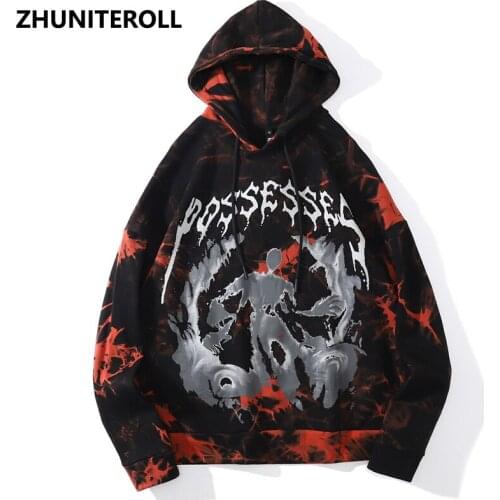 Tie Dye Gothic Print Sweatshirts Men Harajuku Streetwear Hoodies Hip Hop Fashion Loose Casual Hooded Pullover Black Tops Outwear