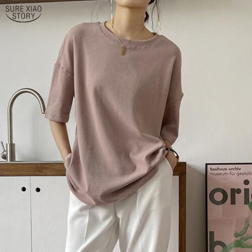 Blusa Korean Summer Solid O-neck T Shirt Women Loose Streetwear T-shirts Elegant Oversize Tee Tops Chic New Lady Clothing 10087