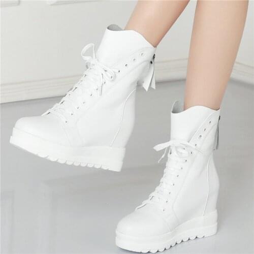 Wedges Creepers Women Lace Up Cow Leather High Heel Platform Pumps Shoes Female High Top Round Toe Fashion Sneakers Casual Shoes