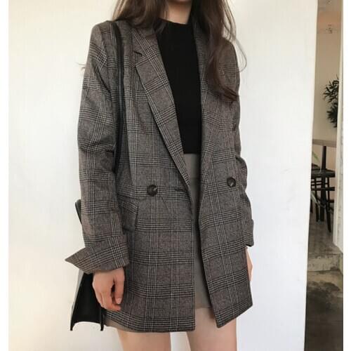 New 2020 Autumn Winter Womens Blazers Plaid Double Breasted Pockets Formal Jackets Notched Outerwear Tops