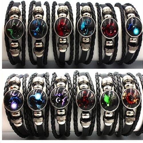 MixMax 12pcs/set 12 Constellations Luminous Handmade Leather Bracelets Snaps Bangles Jewelry Glow in the dark