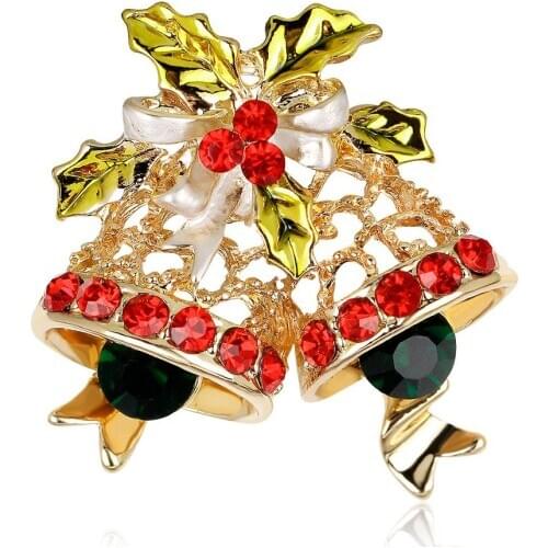 50pcs/lots Free shipping Christmas Party Brooch Gold Plated Rhinestone Bell Brooch Pin Jewelry