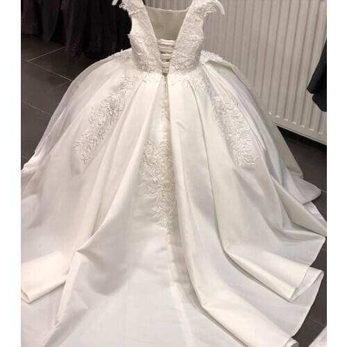 Custom White Ivory Flower Girl Dress Kids Clothes Corset Back Satin Beading Girls Pageant Gown Princess Birthday Party Dress