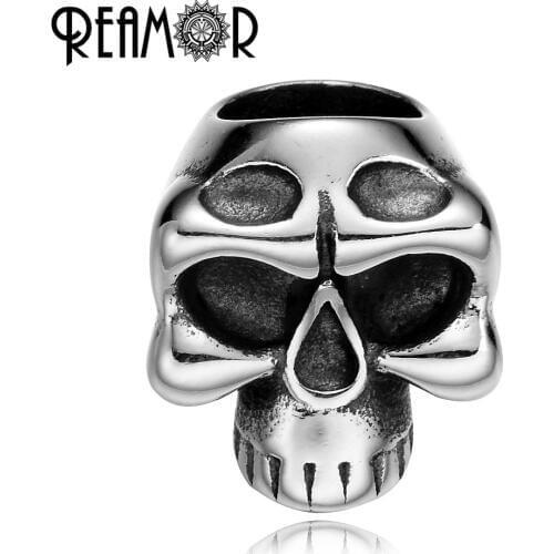 REAMOR Punk Style Skull Head Beads 8mm Hole Size 316l Stainless Steel Skeleton Big Hole Beads For Leather Bracelet DIY Jewelry