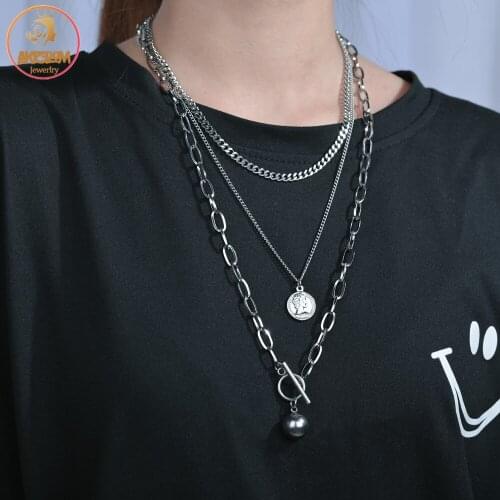 Akizoom Three Layers Elizabeth Pendant Necklace Charm Stainless Steel Choker Chain for Women Party Gift Jewelry Wholesale